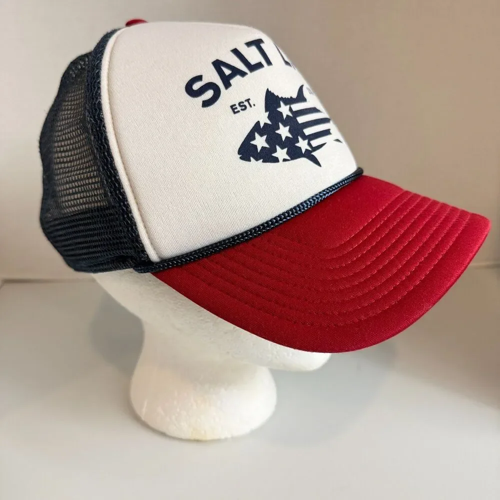 Salt Life Trucker Hat Cap Red White Blue Fish Flag Snapback One Size Fits Most